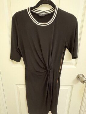 Topshop Black Front-Twist Bodycon Dress with Striped Collar & Side Zip